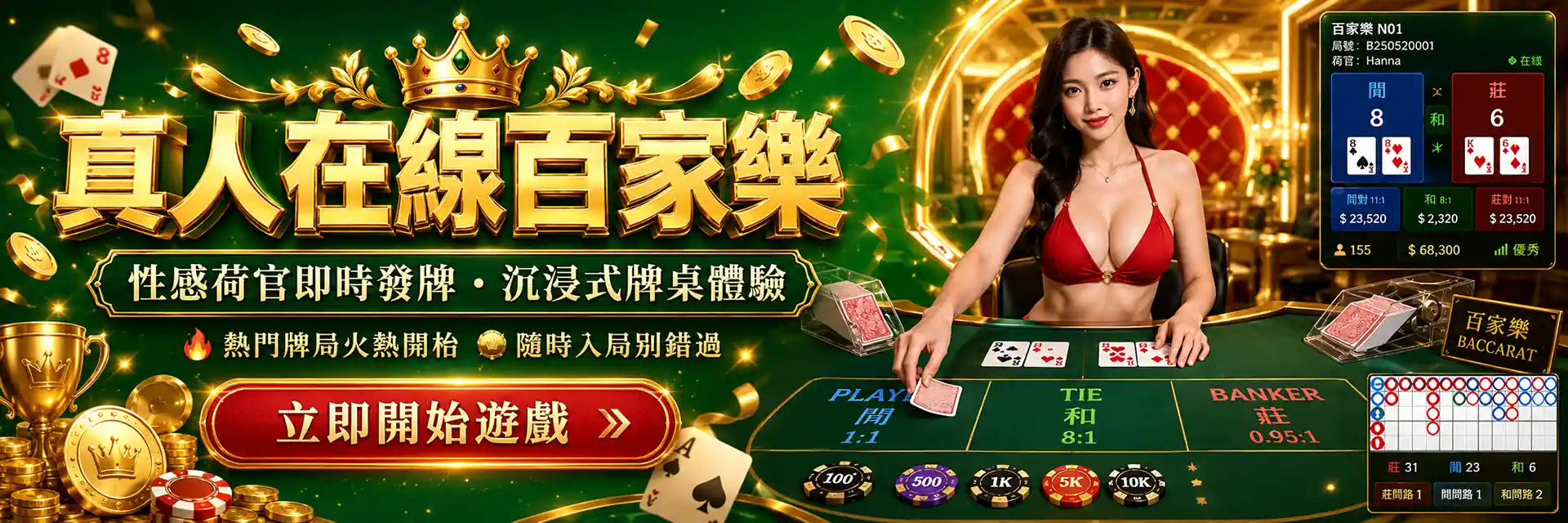 hkcasinohub.com 真人在線百家樂 Banner，展示真人荷官發牌、百家樂牌桌與即時遊戲界面