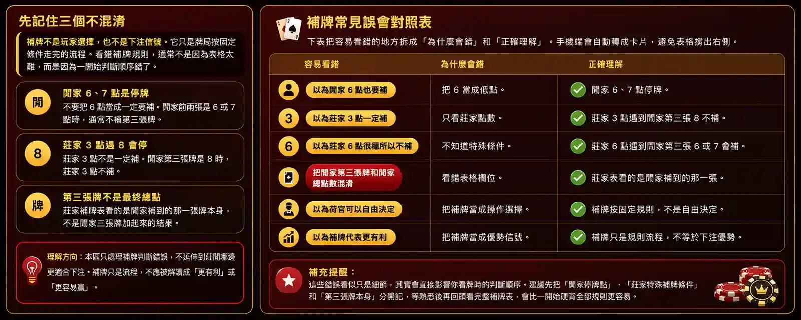 百家樂補牌規則新手常見錯誤示意圖