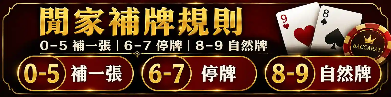 百家樂閒家補牌規則0至5補6至7停8至9自然牌