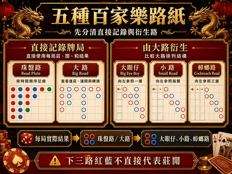 百家樂五種路紙珠盤路大路大眼仔小路與蟑螂路分類圖