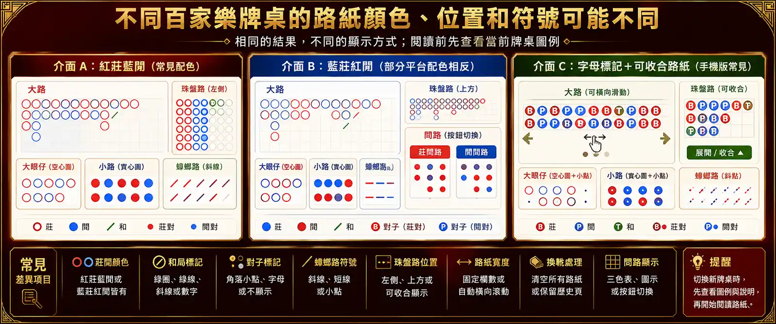 不同百家樂牌桌的莊閒顏色和局標記路紙位置及問路介面差異比較圖