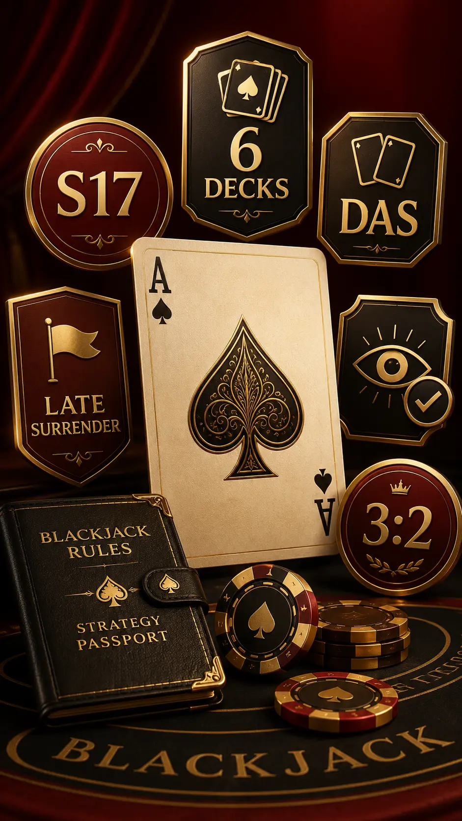 Blackjack基本策略表的六副牌S17、DAS、晚投降與底牌規則條件示意