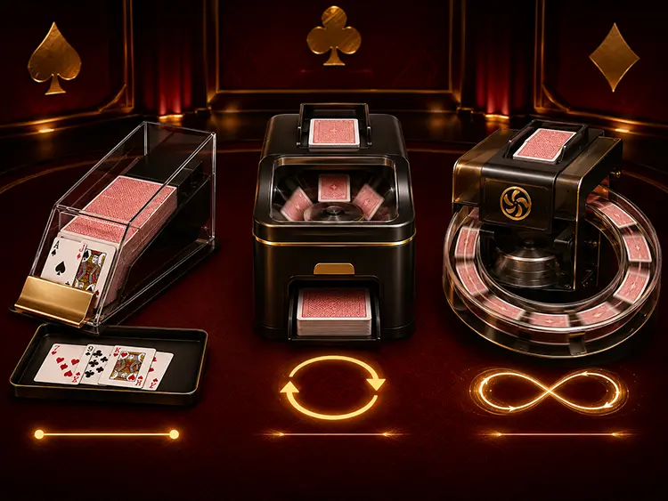 Blackjack 固定牌靴、批次洗牌與連續洗牌機對算牌資訊影響的紅黑金示意