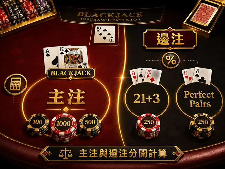 21 點主注與 21加3及對子邊注分開計算莊家優勢的紅黑金示意