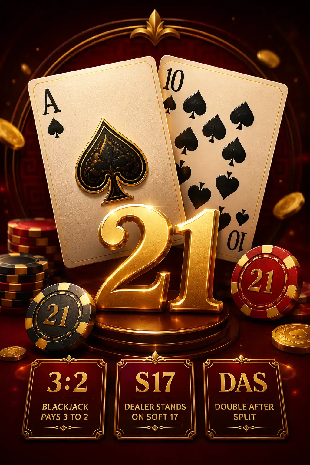 21 點規則黑桃 A 與十點牌組成 Natural Blackjack 的紅黑金主視覺