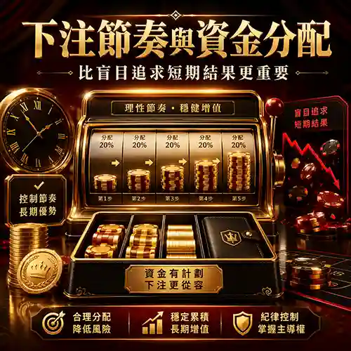 老虎機下注節奏與風險觀念插圖，紅黑金風格展示籌碼、金幣與控制節奏概念