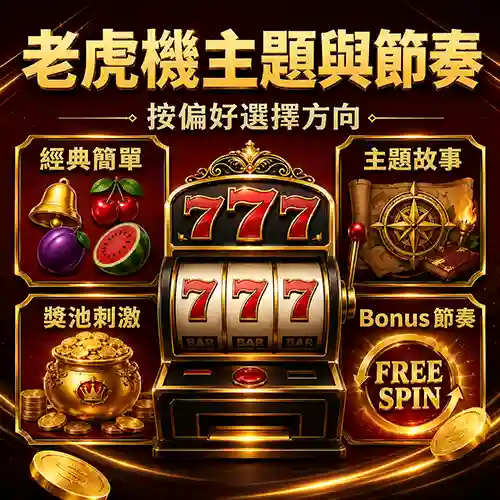 老虎機遊戲類型選擇插圖，展示不同主題、金幣、777與紅黑金視覺元素