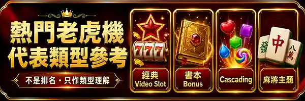 熱門老虎機代表遊戲類型參考示意圖，展示經典Video Slot、書本Bonus、Cascading、Jackpot、收集Bonus、冒險主題和麻將主題