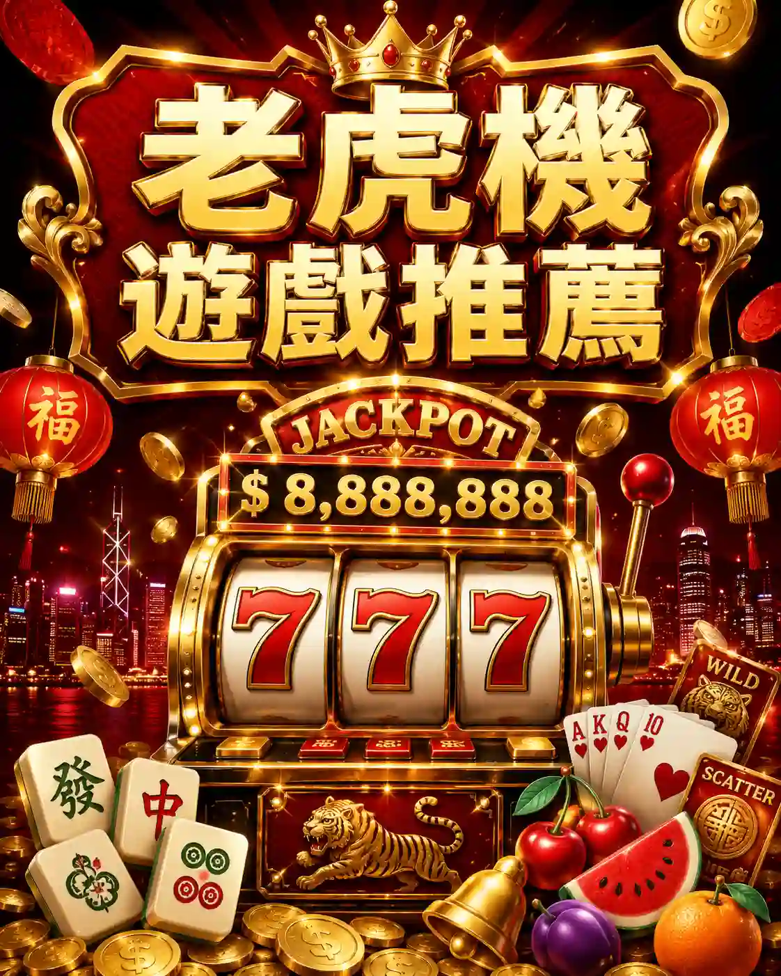 紅黑金香港老虎機遊戲推薦主視覺，包含777老虎機、金幣、皇冠、麻將符號、水果符號與Jackpot獎池