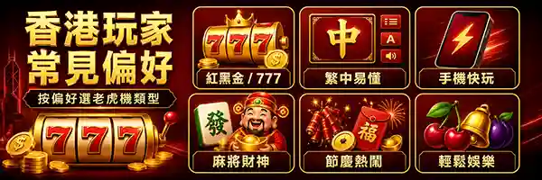 香港玩家選老虎機遊戲時常見偏好示意圖，展示紅黑金、金幣、777、繁中介面、手機快速體驗、麻將財神龍鳳與節慶主題
