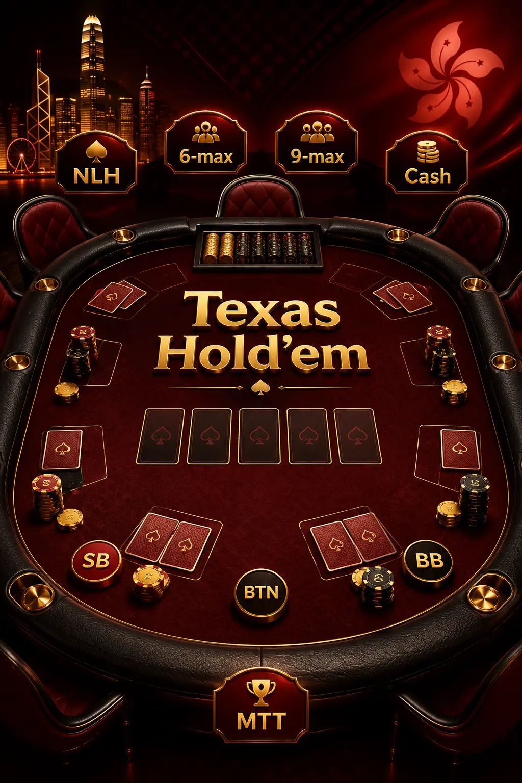 紅黑金 Texas Hold’em 牌桌、位置標籤、私人牌、公共牌與籌碼主題畫面