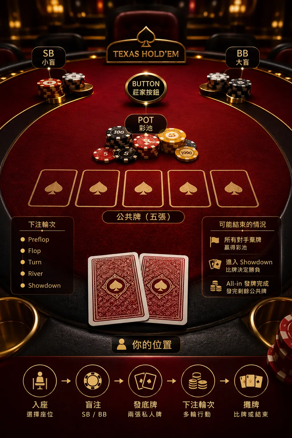紅黑金德州撲克牌桌、Button、大小盲、私人牌與公共牌操作流程主題畫面