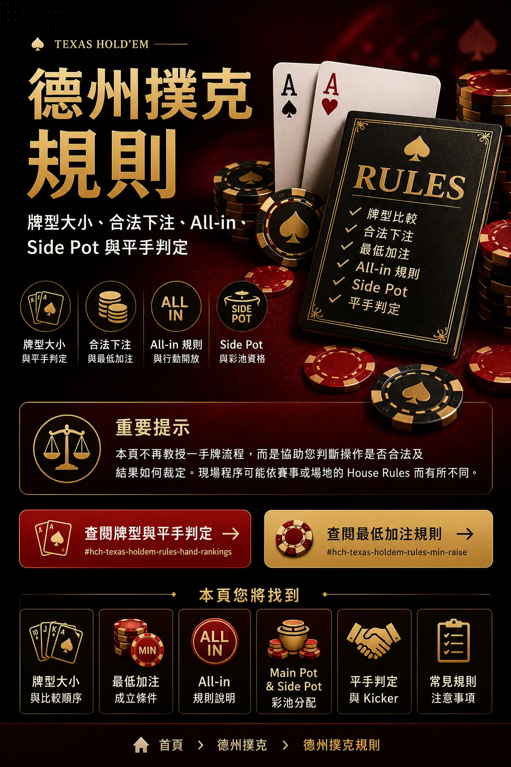 紅黑金德州撲克規則、牌型比較、合法下注、All-in 與彩池判定主題畫面