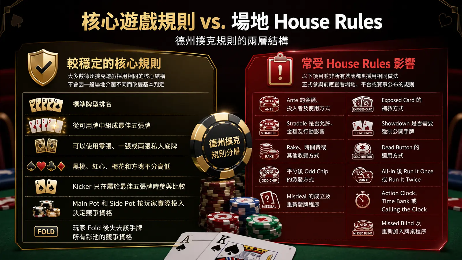 德州撲克核心遊戲規則與場地 House Rules 的兩層結構