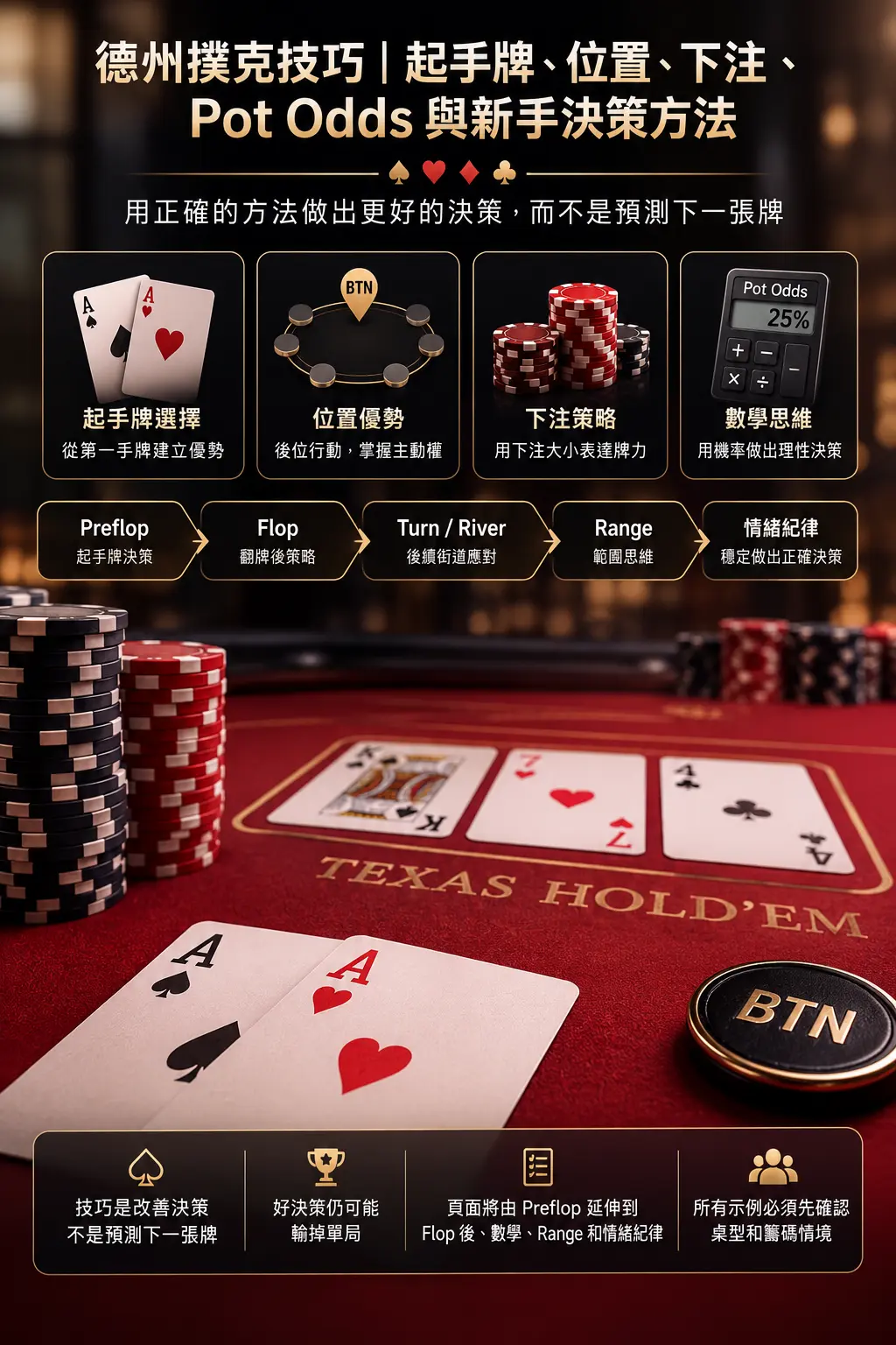 紅黑金德州撲克牌桌、起手牌、位置、下注與決策節點主題畫面