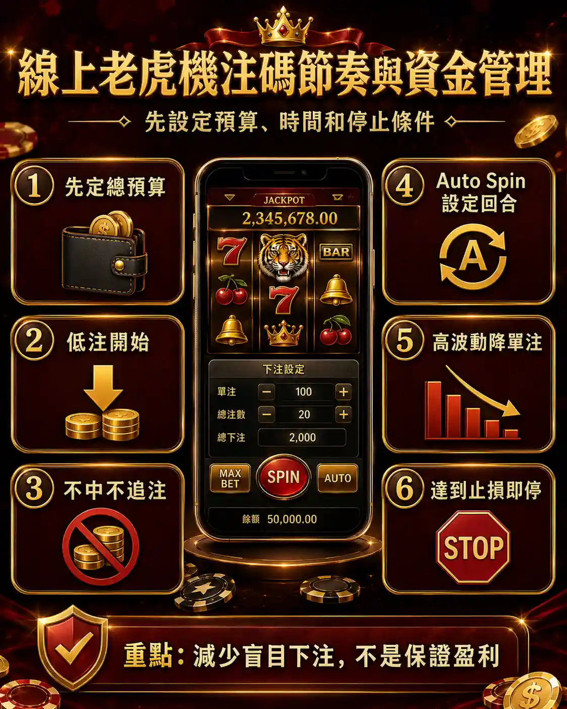 線上老虎機注碼節奏與資金管理示意圖，展示預算、單次注碼、Auto Spin、止損點、止盈點與高波動遊戲控制