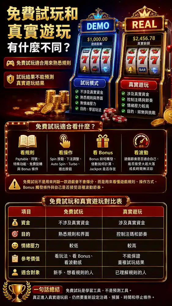 線上老虎機免費試玩和真實遊玩差異示意圖，展示Demo模式、真實遊玩、Bonus規則、注碼控制與波動節奏