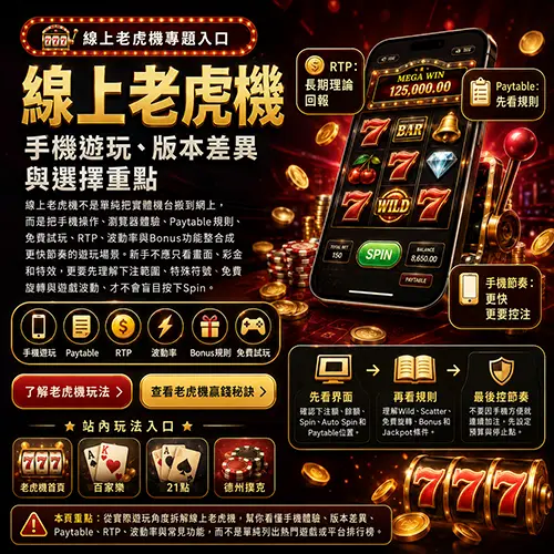 線上老虎機手機遊玩介面與Paytable重點示意