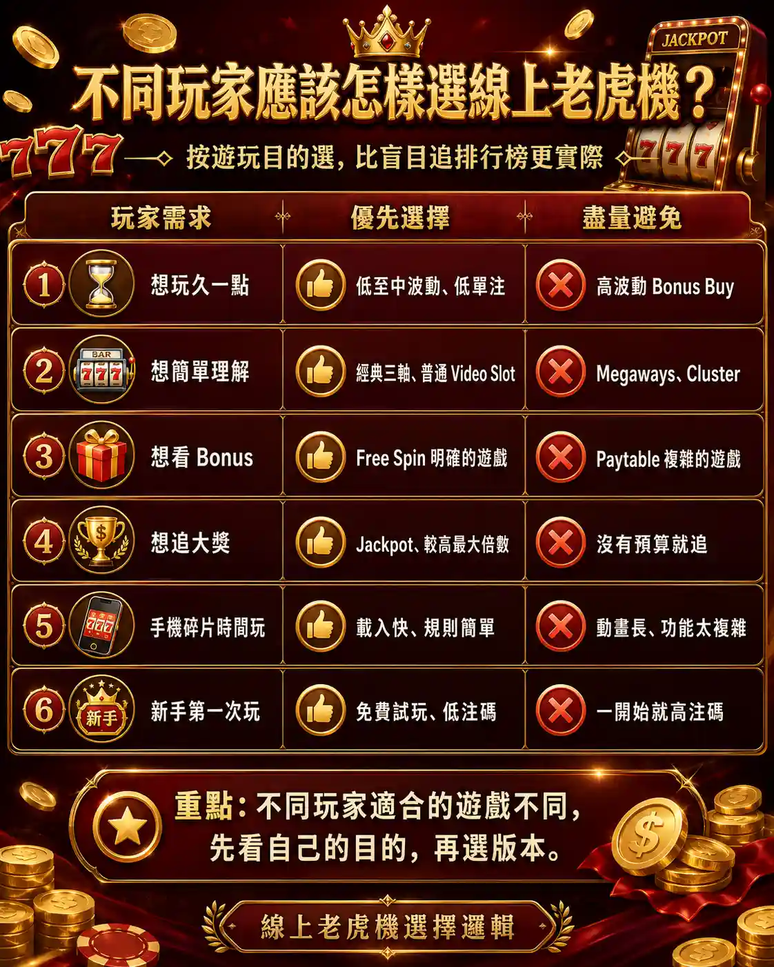 不同玩家選擇線上老虎機示意圖，展示新手、手機玩家、想看Bonus、想玩久一點和想追大獎的選擇邏輯