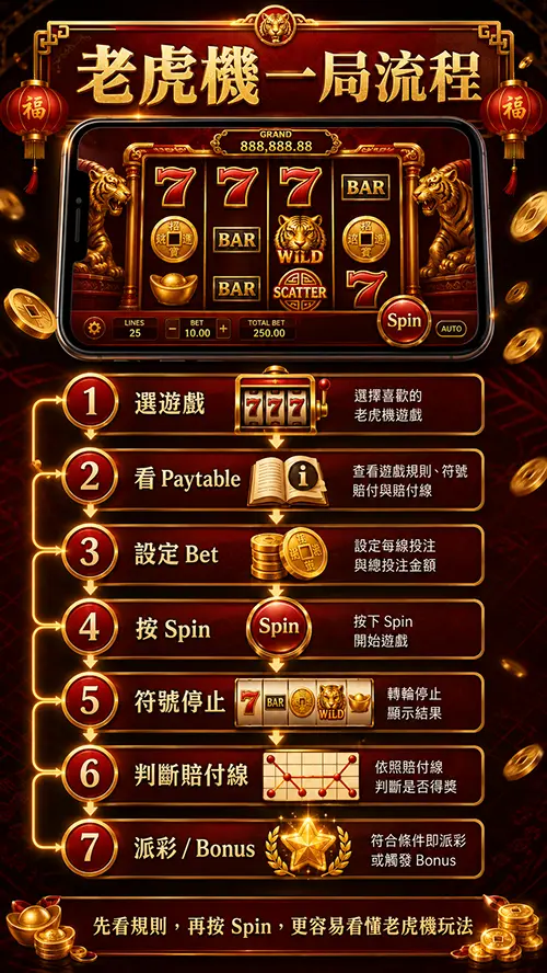 老虎機一局流程圖，展示選遊戲、查看Paytable、設定Bet、按下Spin、判斷賠付線與觸發Bonus的完整步驟