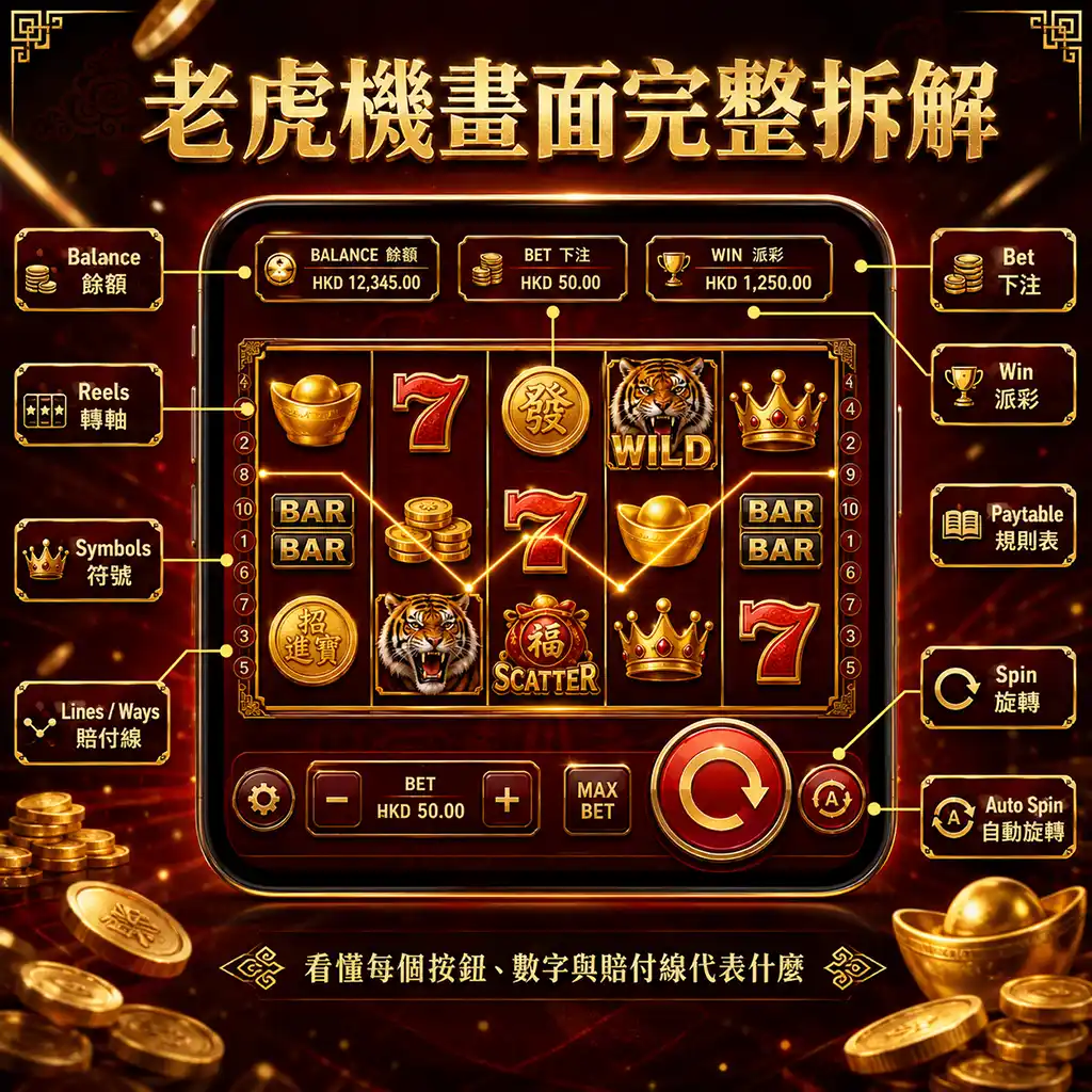 老虎機遊戲介面拆解圖，標註Balance餘額、Bet下注、Win派彩、Spin旋轉、Auto Spin、Paytable、Reels轉軸、Symbols符號與Paylines賠付線