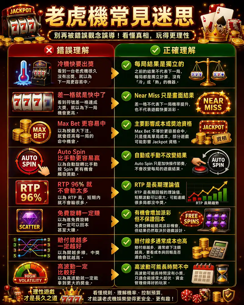老虎機常見迷思與正確理解圖，展示冷機出獎、Near Miss、Max Bet、Auto Spin、RTP、免費旋轉與波動率等常見誤解