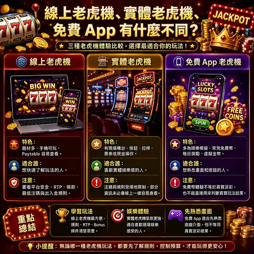 線上老虎機、實體老虎機與免費App老虎機比較圖，展示手機玩法、現場機台與免費模擬遊戲的差異