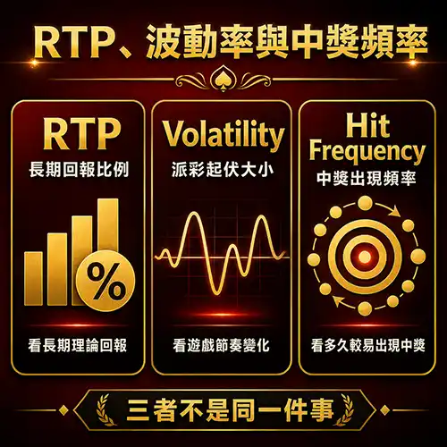 老虎機RTP與波動率對比圖，展示RTP長期回報比例、Volatility派彩起伏大小與Hit Frequency中獎出現頻率三欄說明