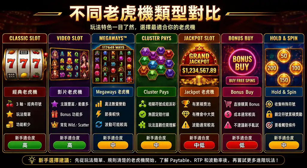 不同老虎機類型對比圖，展示Classic Slot、Video Slot、Megaways、Jackpot、Bonus Buy與Cluster Pays玩法差異