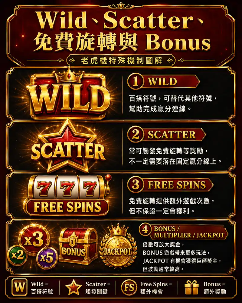 老虎機Wild Scatter免費旋轉與Bonus機制圖，展示百搭符號、散佈符號、Free Spins、Multiplier、Bonus Game與Jackpot獎池
