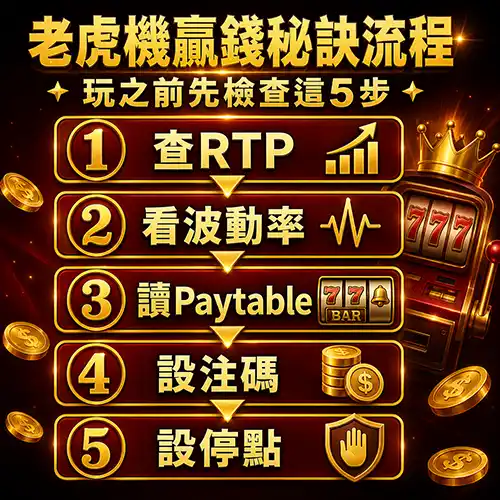 老虎機贏錢秘訣五步流程圖RTP波動率Paytable注碼止盈止損