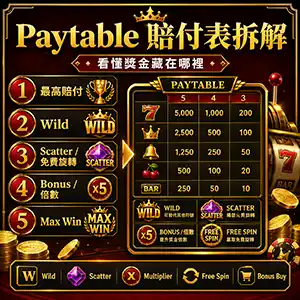 老虎機Paytable賠付表Wild Scatter Bonus Free Spin Max Win拆解圖