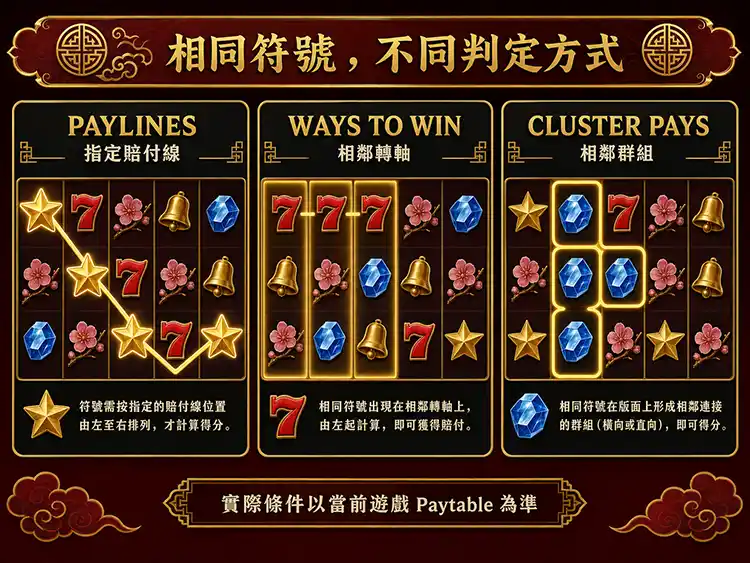 老虎機Paylines、Ways與Cluster賠付方式比較